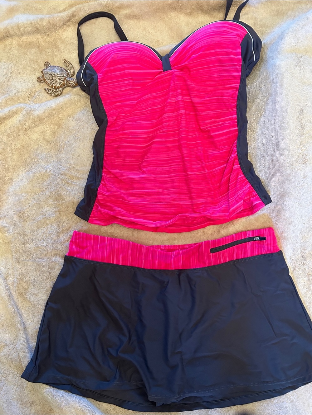 Hot Pink and Black Tankini Top with Black Swim Skort